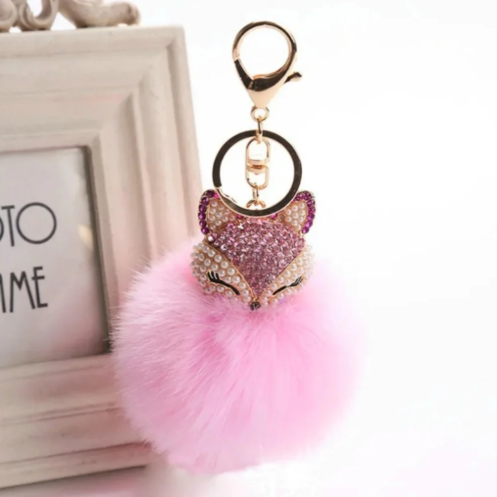 Pink Plush Pom Pom FOX Rhinestones Pearls Feminine Elegant Luxury Keychain Gift